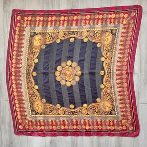 Elaine Gold Scarf Red Black Gold Silk Square Striped Roman Coin Greek Medallions